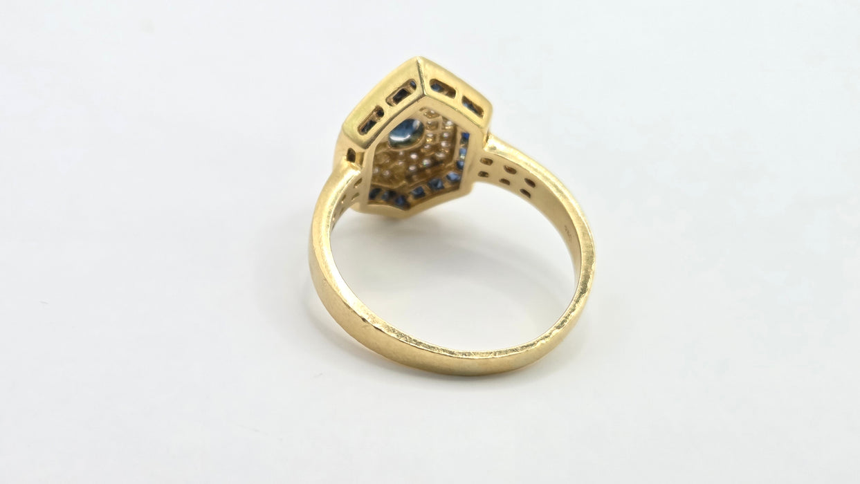 Vintage: 18ct Gold Sapphire & Diamond Art Deco Style Hexagonal Dress Ring