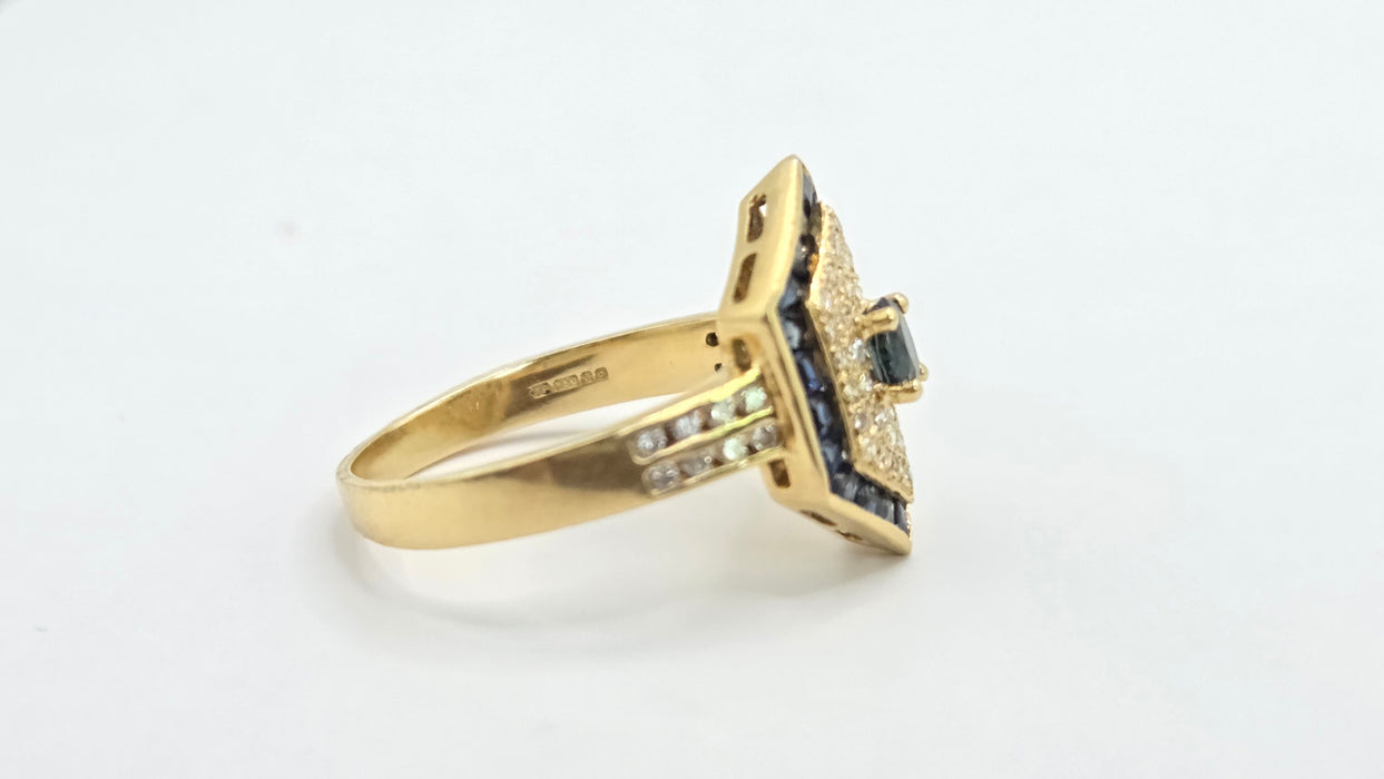 Vintage: 18ct Gold Sapphire & Diamond Art Deco Style Hexagonal Dress Ring
