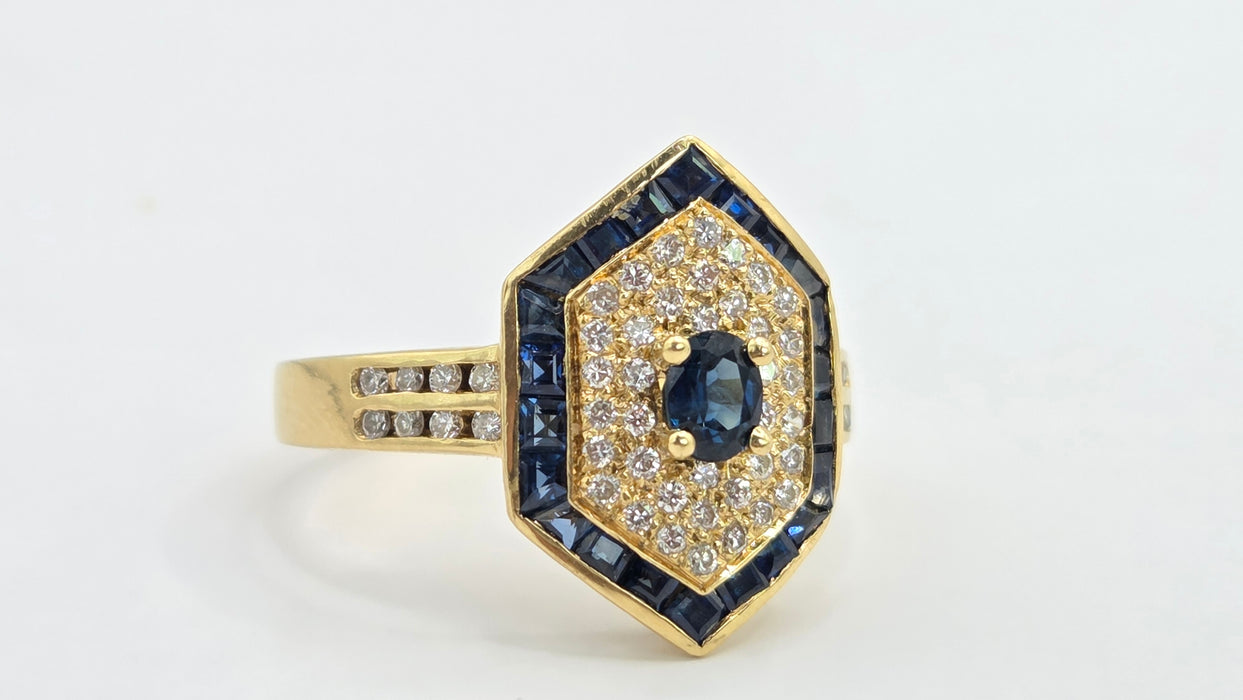 Vintage: 18ct Gold Sapphire & Diamond Art Deco Style Hexagonal Dress Ring