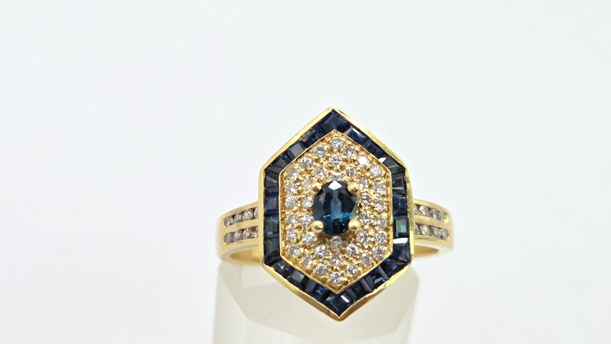 Vintage: 18ct Gold Sapphire & Diamond Art Deco Style Hexagonal Dress Ring