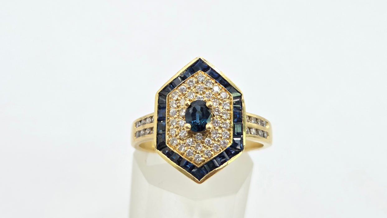 Vintage: 18ct Gold Sapphire & Diamond Art Deco Style Hexagonal Dress Ring