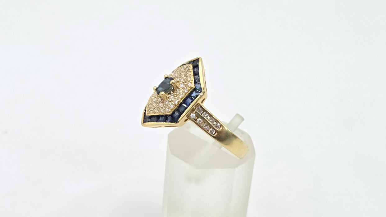 Vintage: 18ct Gold Sapphire & Diamond Art Deco Style Hexagonal Dress Ring
