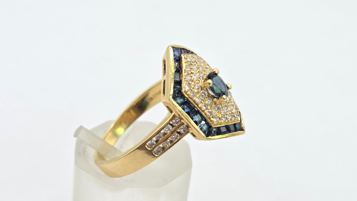 Vintage: 18ct Gold Sapphire & Diamond Art Deco Style Hexagonal Dress Ring