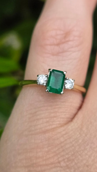 Vintage: 18ct Yellow Gold Emerald & Diamond Three Stone Ring — From 1989