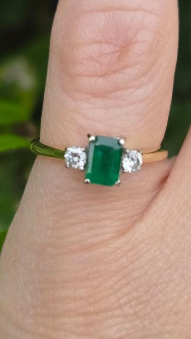 Vintage: 18ct Yellow Gold Emerald & Diamond Three Stone Ring — From 1989