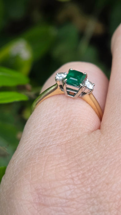 Vintage: 18ct Yellow Gold Emerald & Diamond Three Stone Ring — From 1989