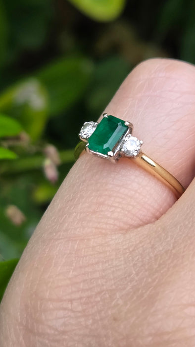 Vintage: 18ct Yellow Gold Emerald & Diamond Three Stone Ring — From 1989