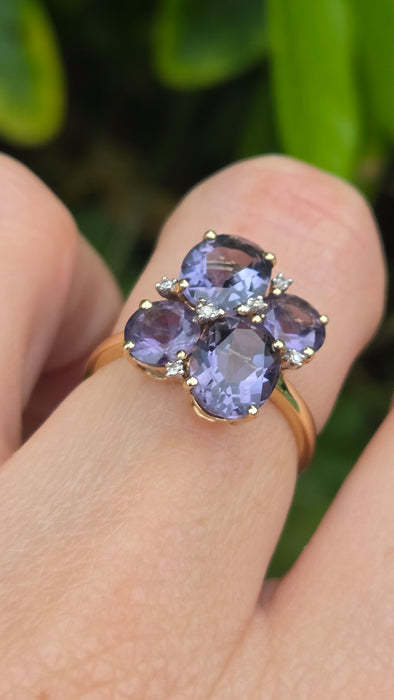 Vintage: 9ct Yellow Gold Amethyst & Diamond Dress Ring