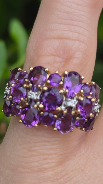 Vintage: 9ct Gold Amethyst & Diamond Cocktail Ring