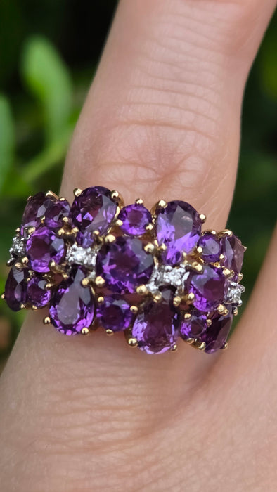 Vintage: 9ct Gold Amethyst & Diamond Cocktail Ring