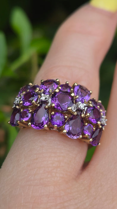 Vintage: 9ct Gold Amethyst & Diamond Cocktail Ring