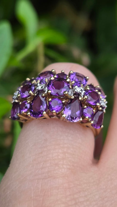 Vintage: 9ct Gold Amethyst & Diamond Cocktail Ring