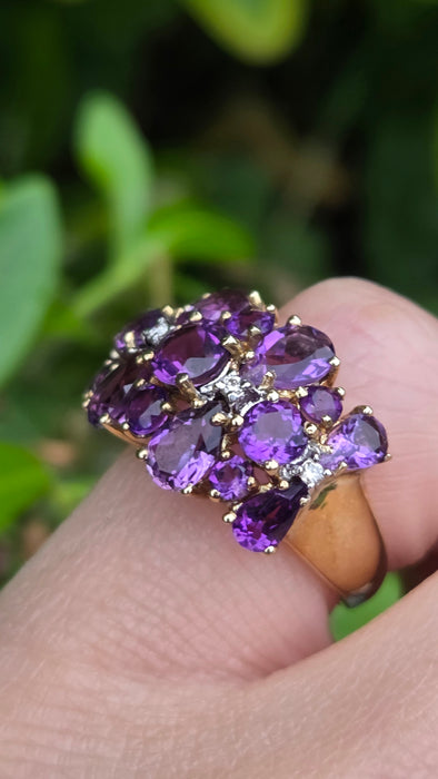 Vintage: 9ct Gold Amethyst & Diamond Cocktail Ring