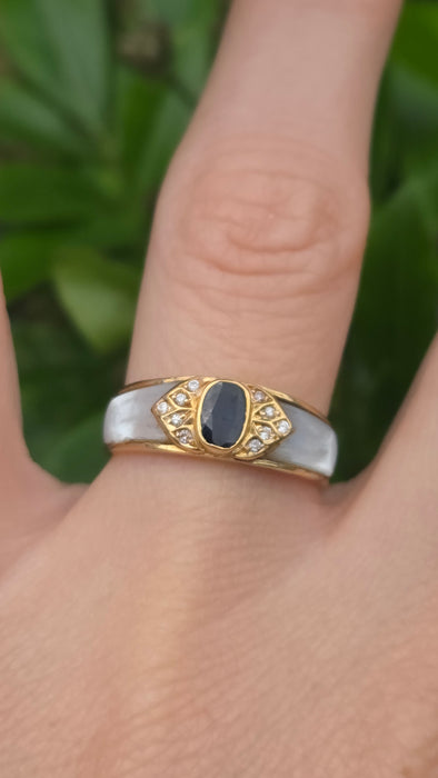 Vintage: 18ct Yellow Gold Sapphire, Diamond & Mother of Pearl Art Deco Style Ring