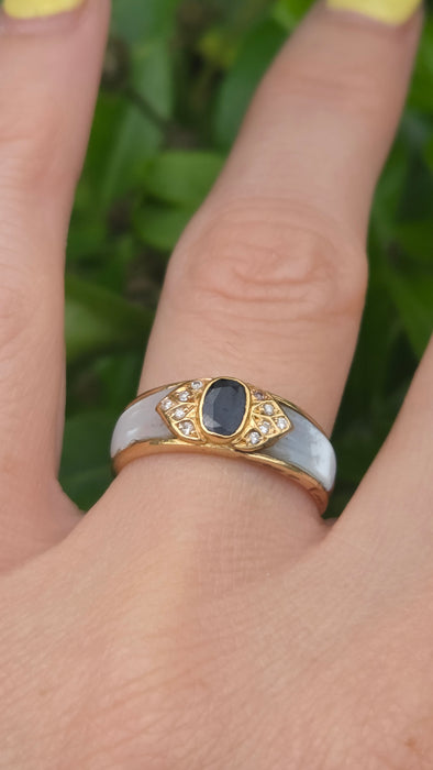 Vintage: 18ct Yellow Gold Sapphire, Diamond & Mother of Pearl Art Deco Style Ring