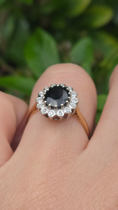 Vintage: 9ct Yellow Gold Sapphire & Diamond Diana-Style Oval Cluster Ring
