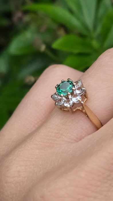Vintage: 9ct Yellow Gold Chrysoberyl & Spinel Cluster Ring — From 1973
