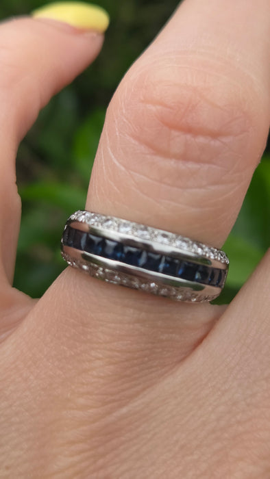 Vintage: 18ct White Gold Three Row Sapphire & Diamond Ring — 0.52ct