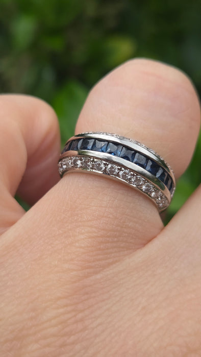 Vintage: 18ct White Gold Three Row Sapphire & Diamond Ring — 0.52ct