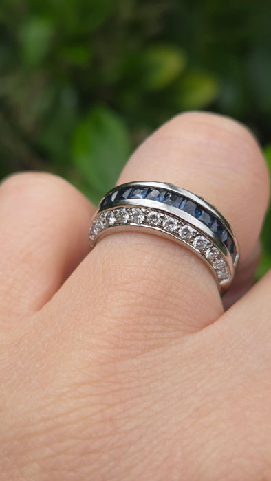 Vintage: 18ct White Gold Three Row Sapphire & Diamond Ring — 0.52ct