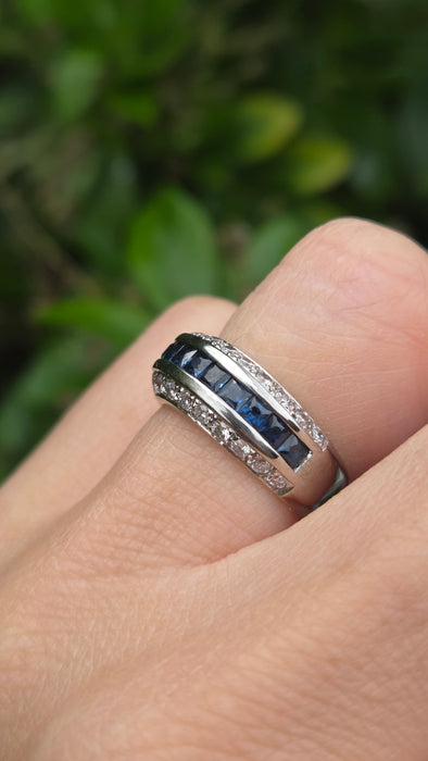 Vintage: 18ct White Gold Three Row Sapphire & Diamond Ring — 0.52ct