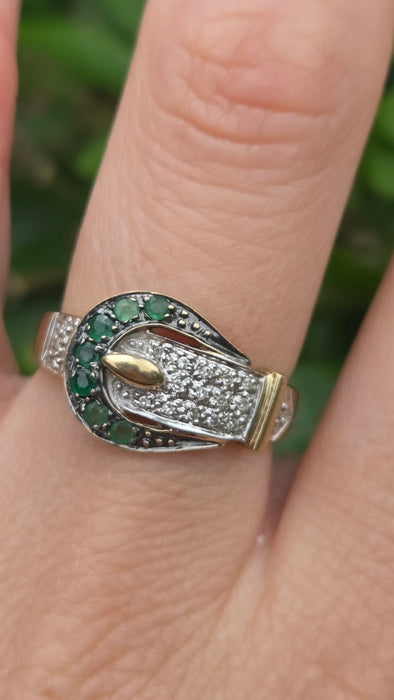 Vintage: 9ct Yellow Gold Emerald & Diamond Buckle Ring