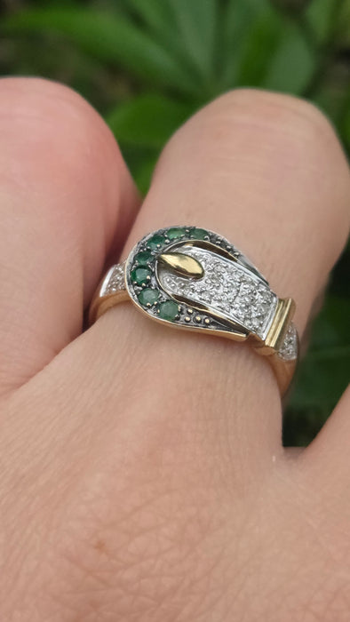 Vintage: 9ct Yellow Gold Emerald & Diamond Buckle Ring