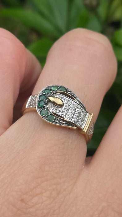 Vintage: 9ct Yellow Gold Emerald & Diamond Buckle Ring