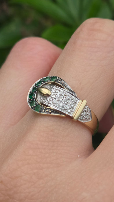 Vintage: 9ct Yellow Gold Emerald & Diamond Buckle Ring