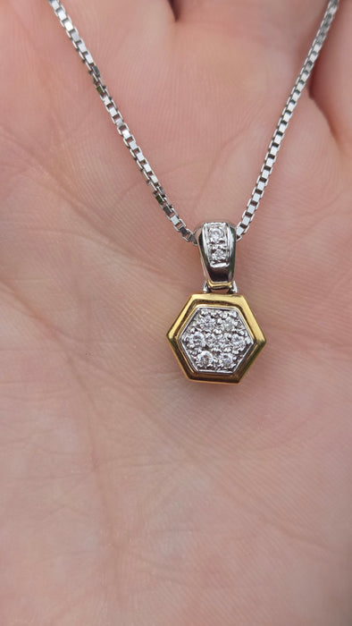 1209: Vintage: 18ct Yellow & White Gold Diamond Hexagonal Pendant & Chain