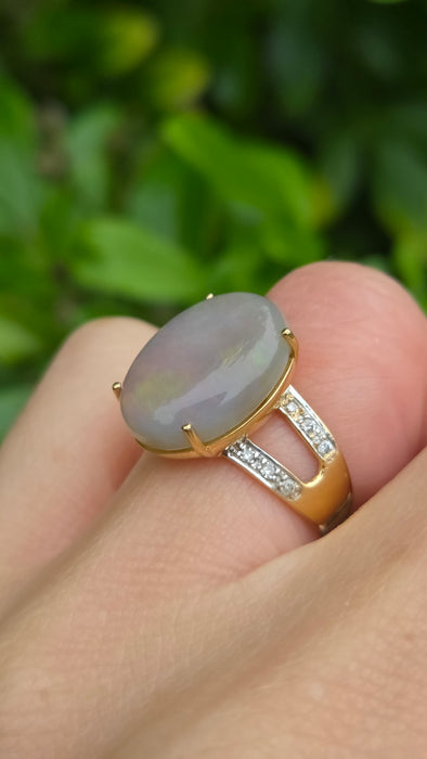 Vintage: 9ct Yellow Gold Opal & Diamond Split Shoulder Ring