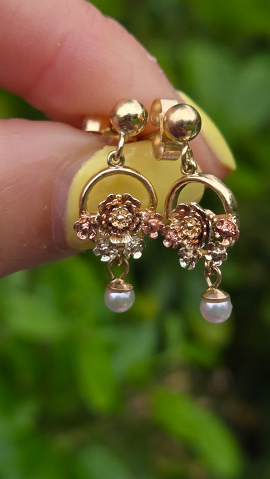 Vintage: 9ct Yellow & Rose Gold Tri-Colour Floral Pearl Drop Earrings — From 1996