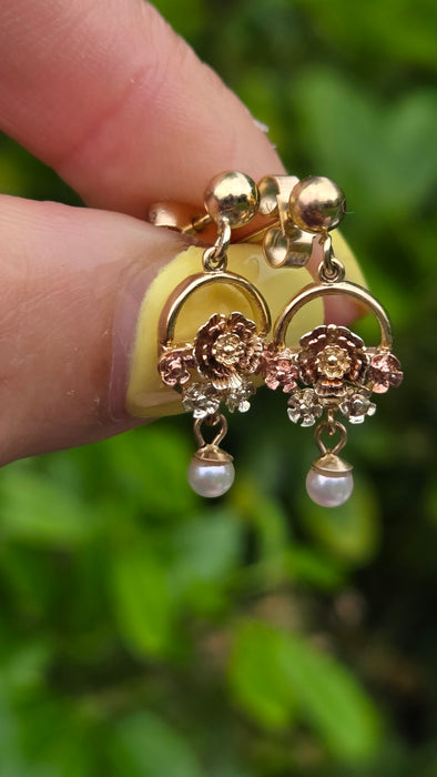 Vintage: 9ct Yellow & Rose Gold Tri-Colour Floral Pearl Drop Earrings — From 1996