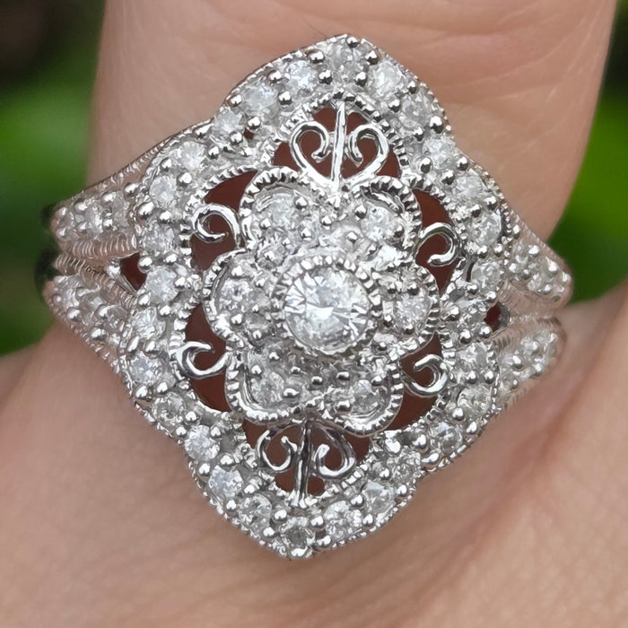 Vintage: 9ct White Gold Diamond Art Deco Style Dress Ring — 1.00ct