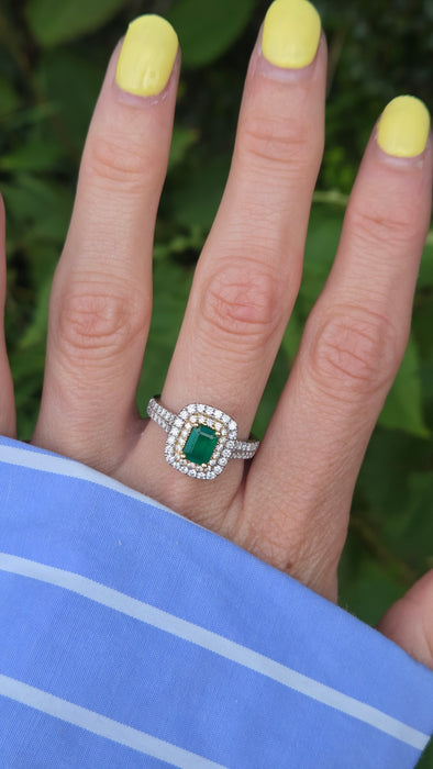 Vintage: Platinum & 18ct Gold Colombian Emerald & Diamond Rectangular Cluster Ring — 1.26ct