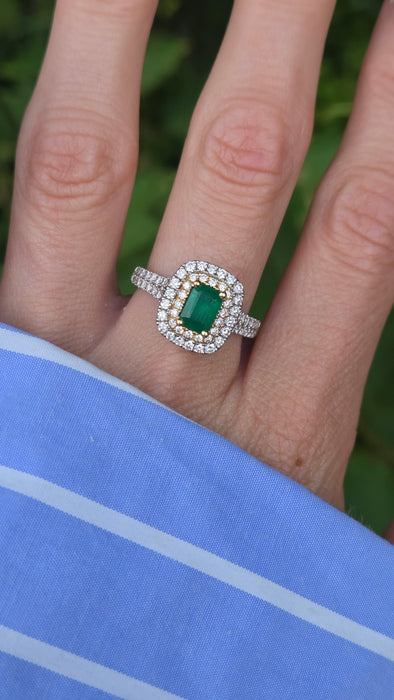Vintage: Platinum & 18ct Gold Colombian Emerald & Diamond Rectangular Cluster Ring — 1.26ct