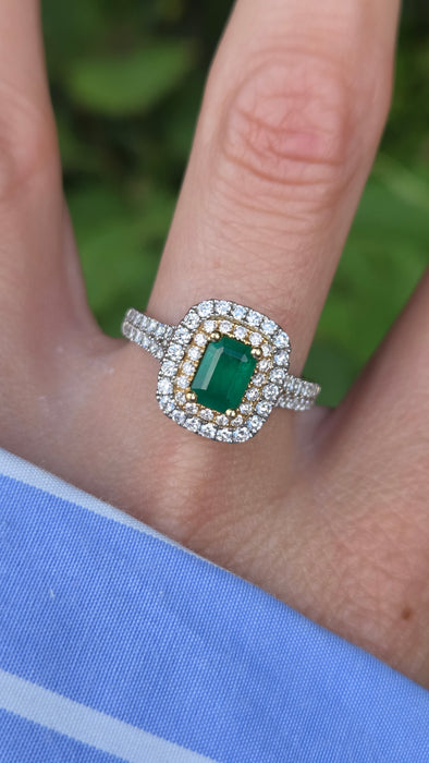 Vintage: Platinum & 18ct Gold Colombian Emerald & Diamond Rectangular Cluster Ring — 1.26ct