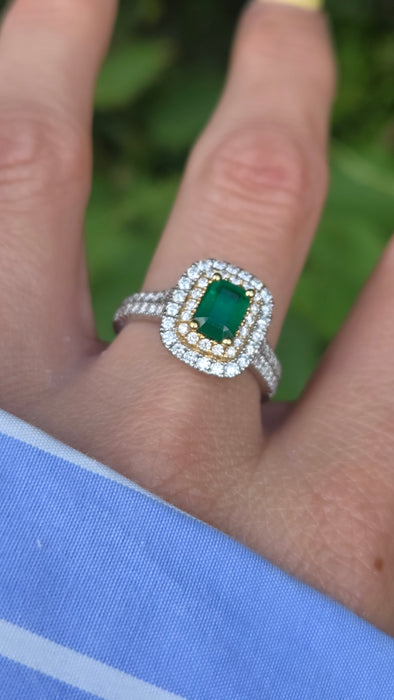 Vintage: Platinum & 18ct Gold Colombian Emerald & Diamond Rectangular Cluster Ring — 1.26ct