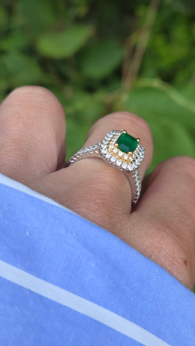 Vintage: Platinum & 18ct Gold Colombian Emerald & Diamond Rectangular Cluster Ring — 1.26ct