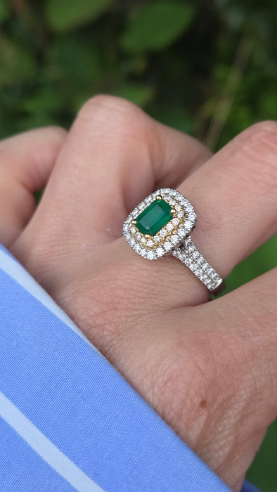 Vintage: Platinum & 18ct Gold Colombian Emerald & Diamond Rectangular Cluster Ring — 1.26ct