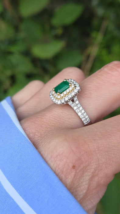 Vintage: Platinum & 18ct Gold Colombian Emerald & Diamond Rectangular Cluster Ring — 1.26ct