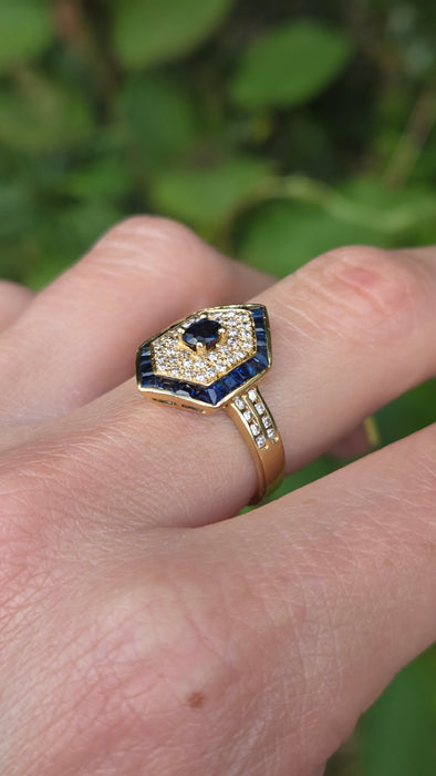 Vintage: 18ct Gold Sapphire & Diamond Art Deco Style Hexagonal Dress Ring