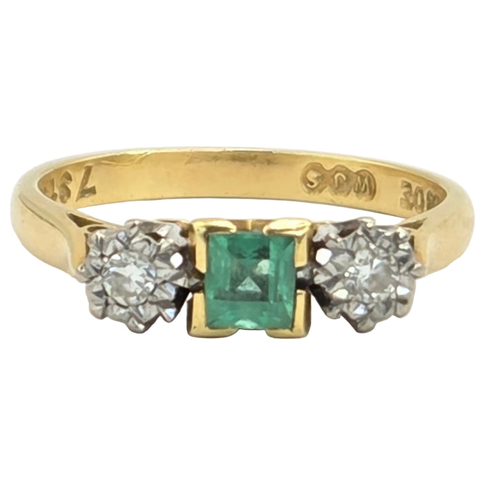 Vintage: 18ct Gold Emerald & Diamond Three-Stone Ring
