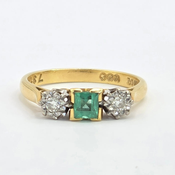 Vintage: 18ct Gold Emerald & Diamond Three-Stone Ring