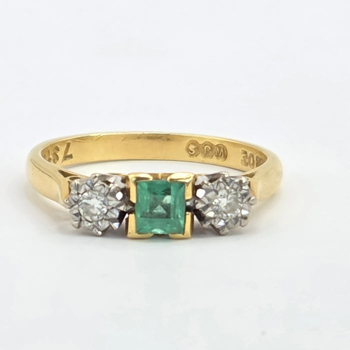 Vintage: 18ct Gold Emerald & Diamond Three-Stone Ring