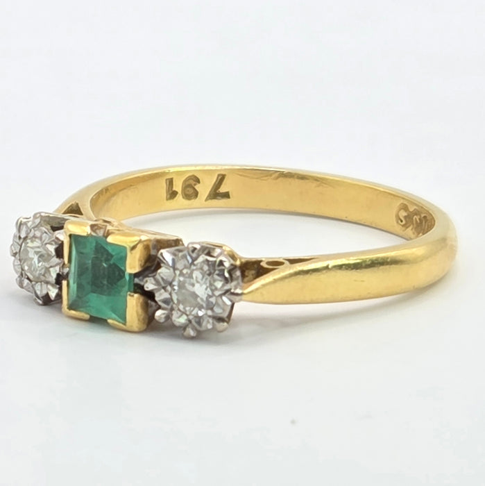 Vintage: 18ct Gold Emerald & Diamond Three-Stone Ring