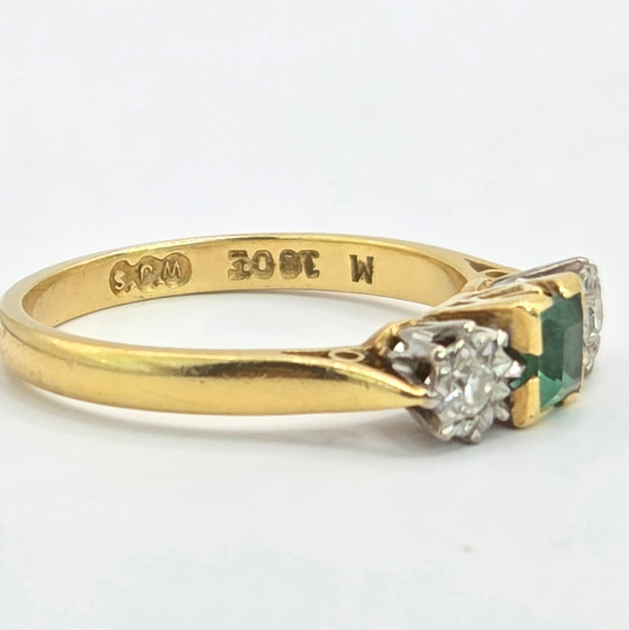 Vintage: 18ct Gold Emerald & Diamond Three-Stone Ring