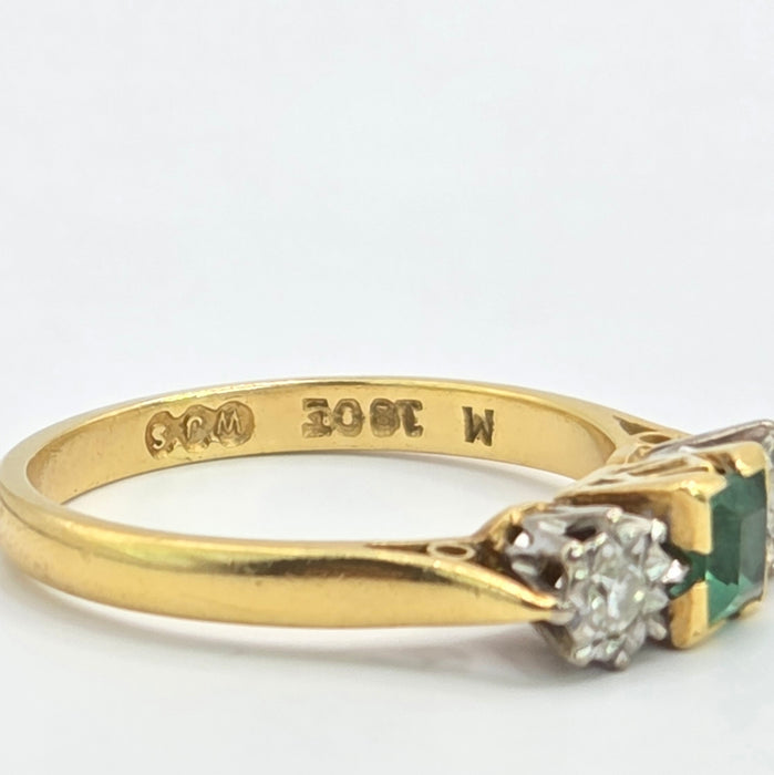 Vintage: 18ct Gold Emerald & Diamond Three-Stone Ring