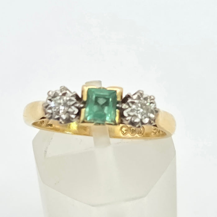 Vintage: 18ct Gold Emerald & Diamond Three-Stone Ring