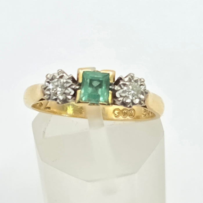 Vintage: 18ct Gold Emerald & Diamond Three-Stone Ring